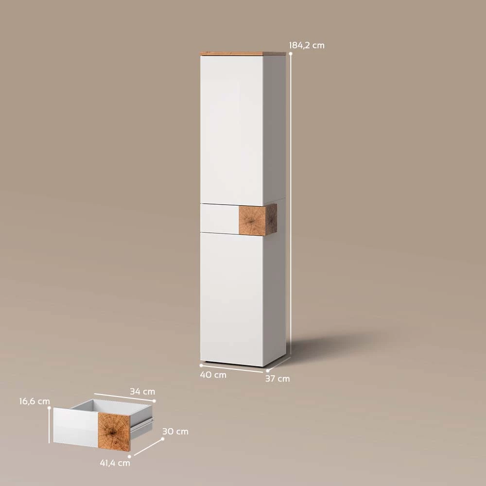 Badschrank in Weiß auf weißem Hintergrund mit sichtbaren Maßen