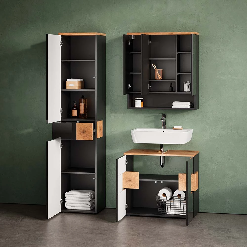Nahaufnahme von Badschrank in Anthrazit, zeigt Textur/Details
