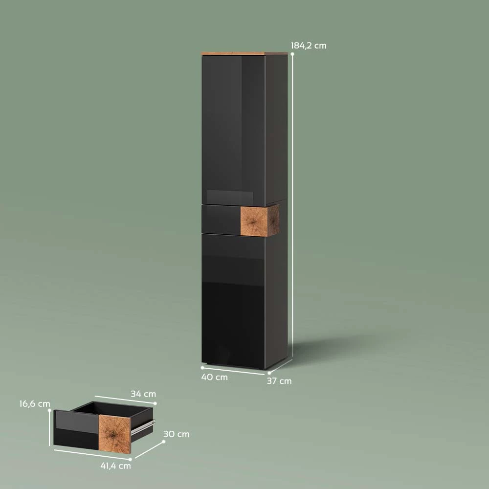 Badschrank in Anthrazit auf weißem Hintergrund mit sichtbaren Maßen