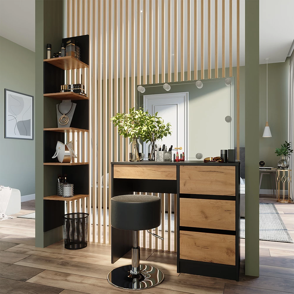 Eckregal in Anthrazit, dargestellt im Ambiente mit Dekoration