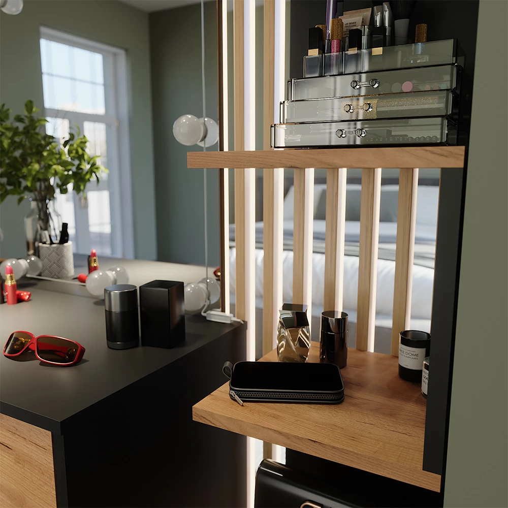 Nahaufnahme von Eckregal in Anthrazit, zeigt Textur/Details