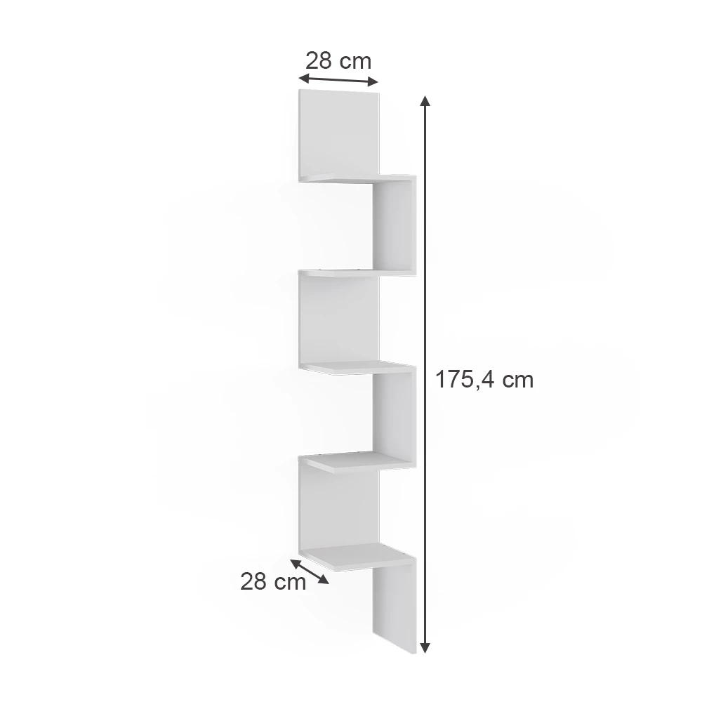 Eckregal in Weiß auf weißem Hintergrund mit sichtbaren Maßen