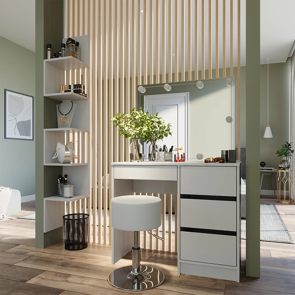 Eckregal in Weiß, dargestellt im Ambiente mit Dekoration