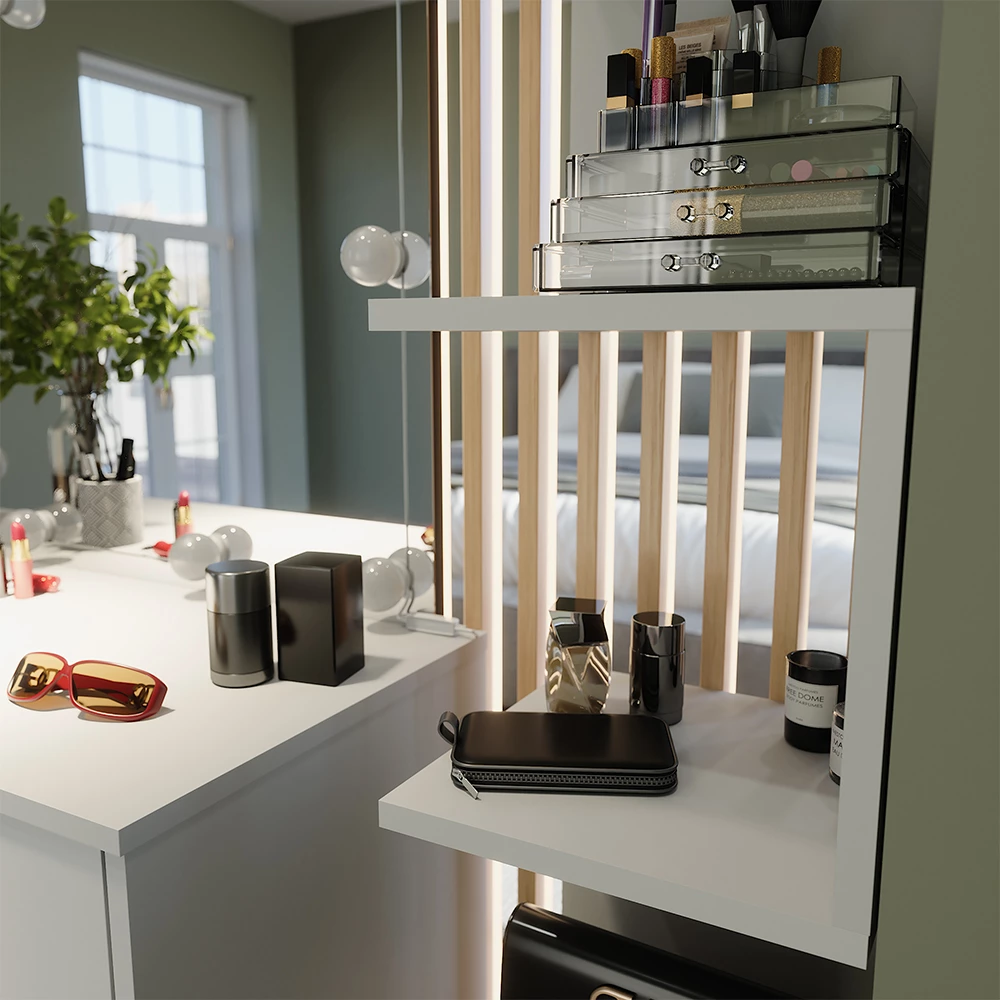 Nahaufnahme von Eckregal in Weiß, zeigt Textur/Details