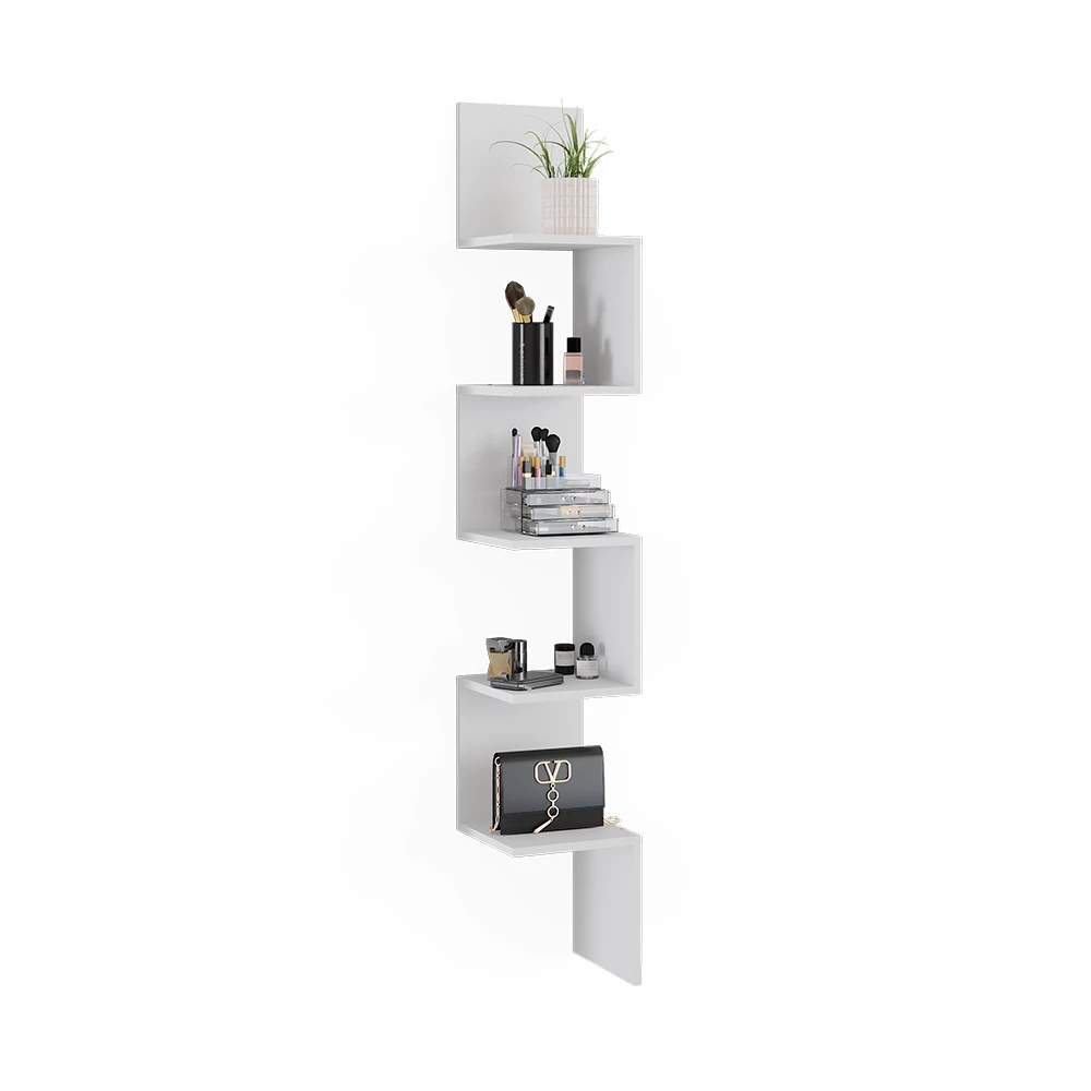 Eckregal in Weiß auf weißem Hintergrund mit dekorativen Elementen