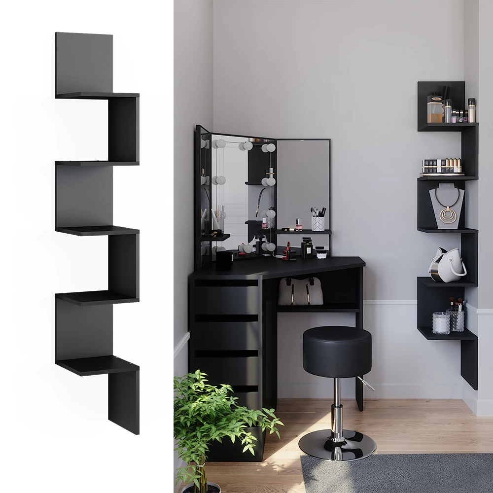 Vicco Étagère d'angle Noir 28x175.4cm avec 5 compartiments, Paolo