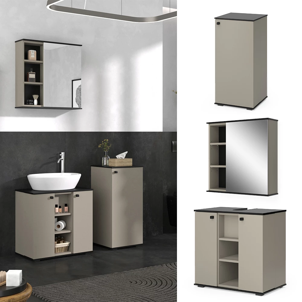 Vicco Badmöbel-Set Greige 3 Teile, mit Midischrank, Joli
