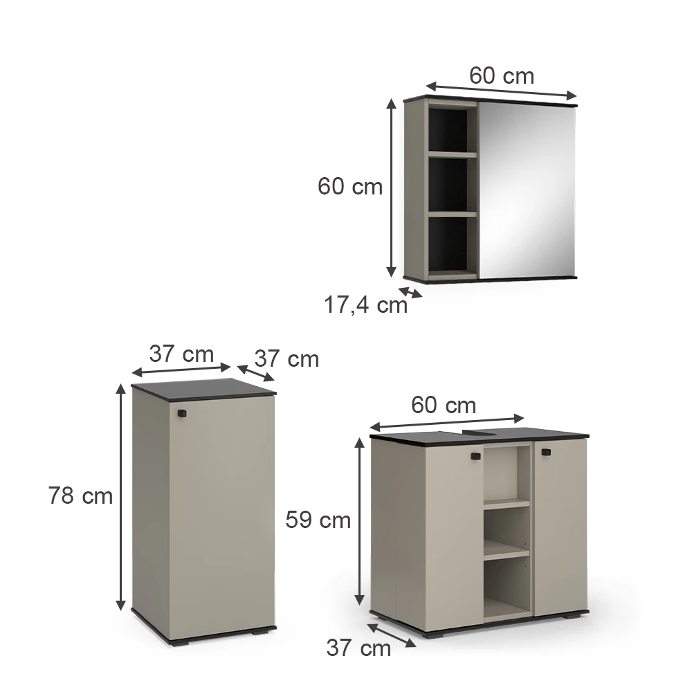 Vicco Badmöbel-Set Greige 3 Teile, mit Midischrank, Joli
