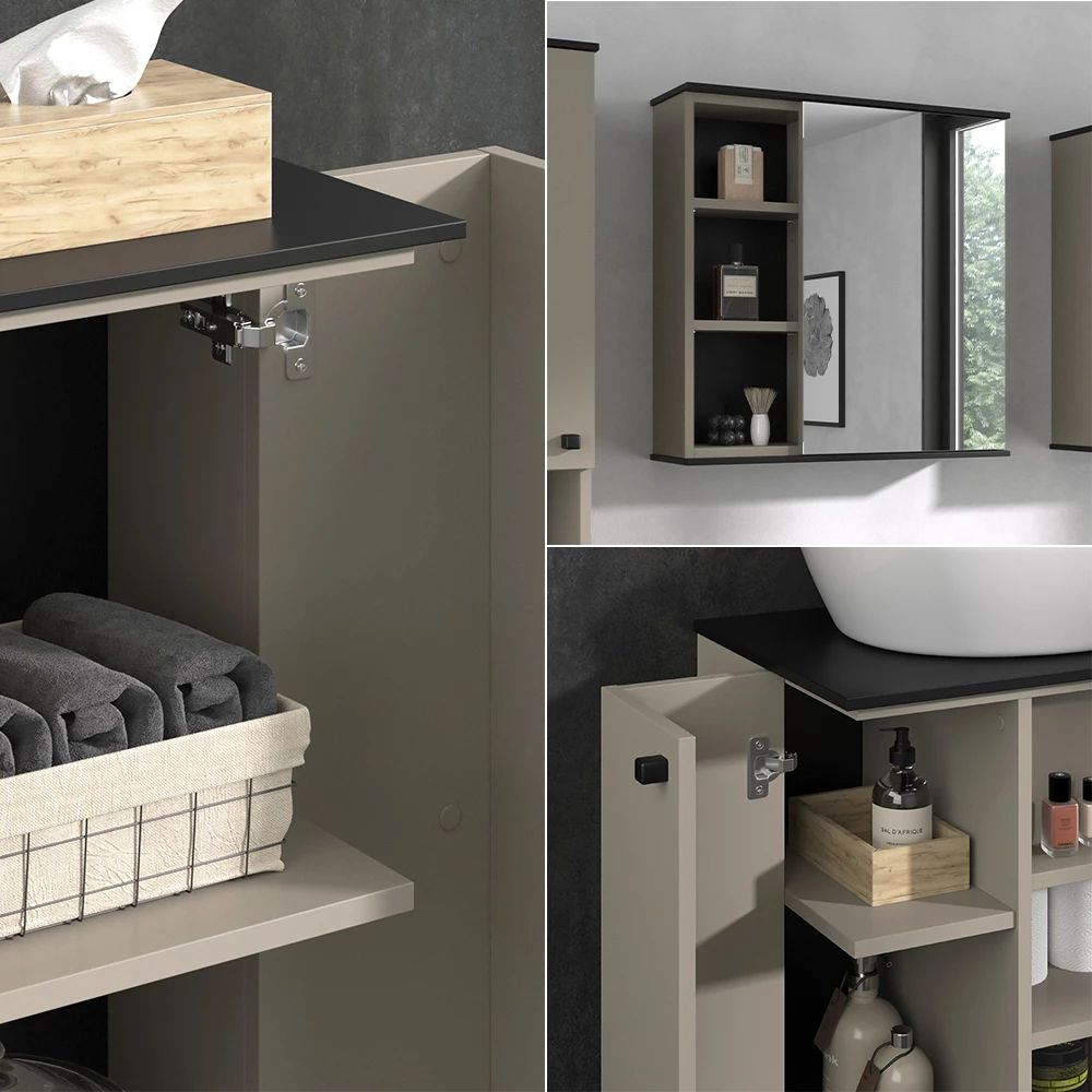 Vicco Badmöbel-Set Greige 3 Teile, mit Midischrank, Joli
