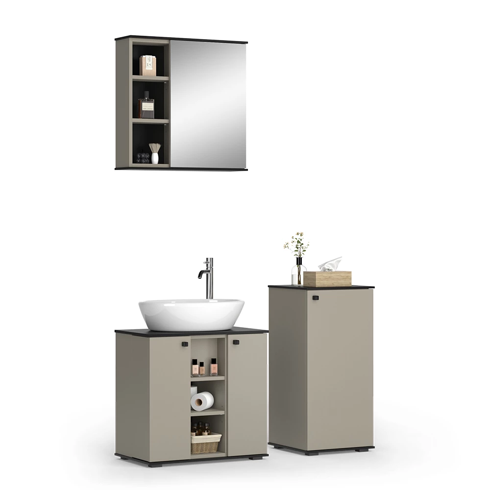 Vicco Badmöbel-Set Greige 3 Teile, mit Midischrank, Joli