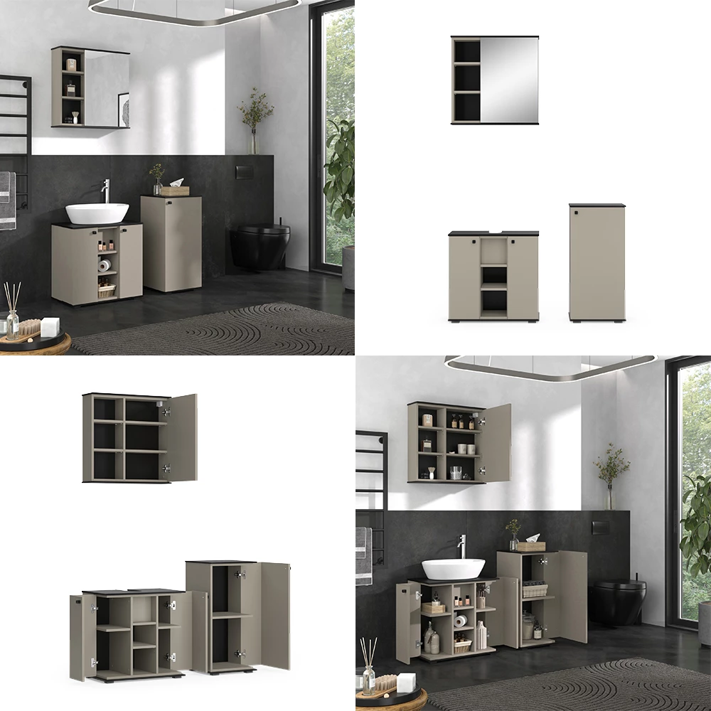 Vicco Badmöbel-Set Greige 3 Teile, mit Midischrank, Joli