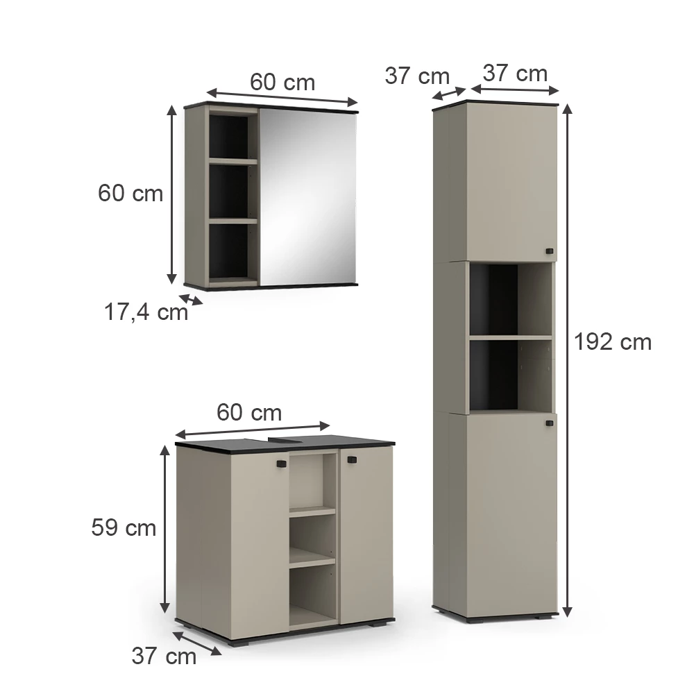 Vicco Badmöbel-Set Greige 3 Teile, mit Hochschrank, Joli