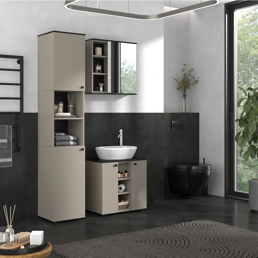 Vicco Badmöbel-Set Greige 3 Teile, mit Hochschrank, Joli