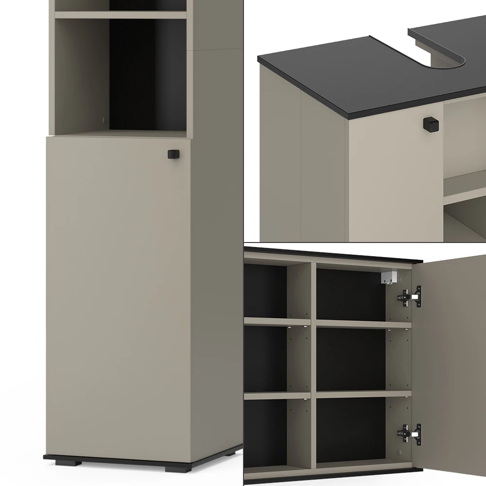 Vicco Badmöbel-Set Greige 3 Teile, mit Hochschrank, Joli