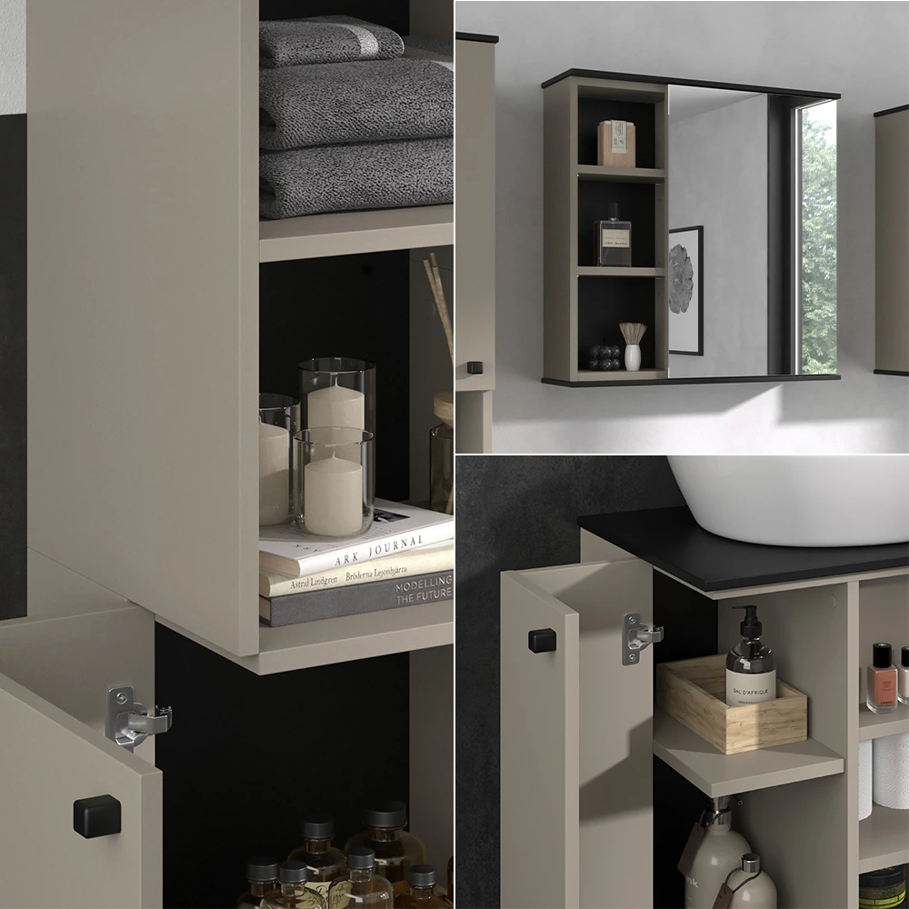 Vicco Badmöbel-Set Greige 3 Teile, mit Hochschrank, Joli