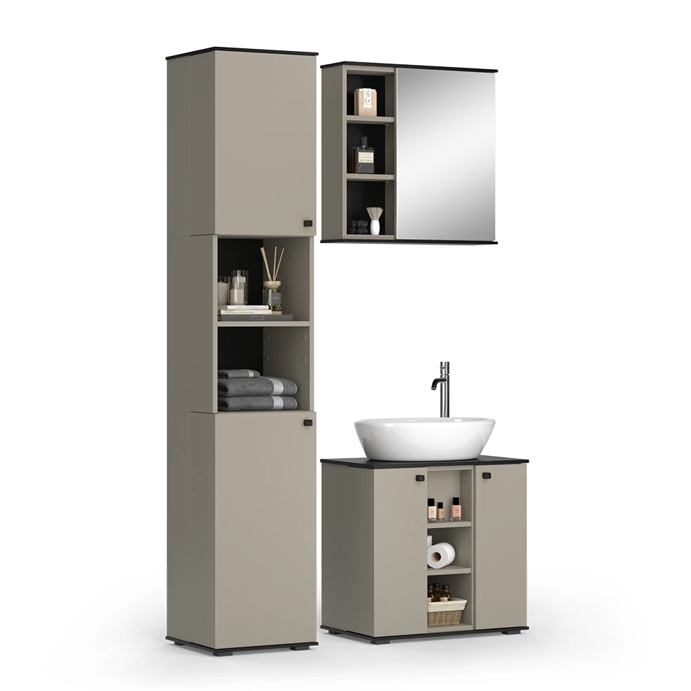 Vicco Badmöbel-Set Greige 3 Teile, mit Hochschrank, Joli