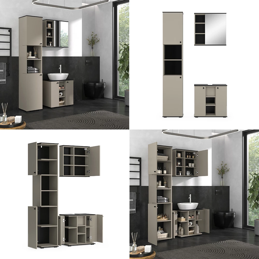 Vicco Badmöbel-Set Greige 3 Teile, mit Hochschrank, Joli