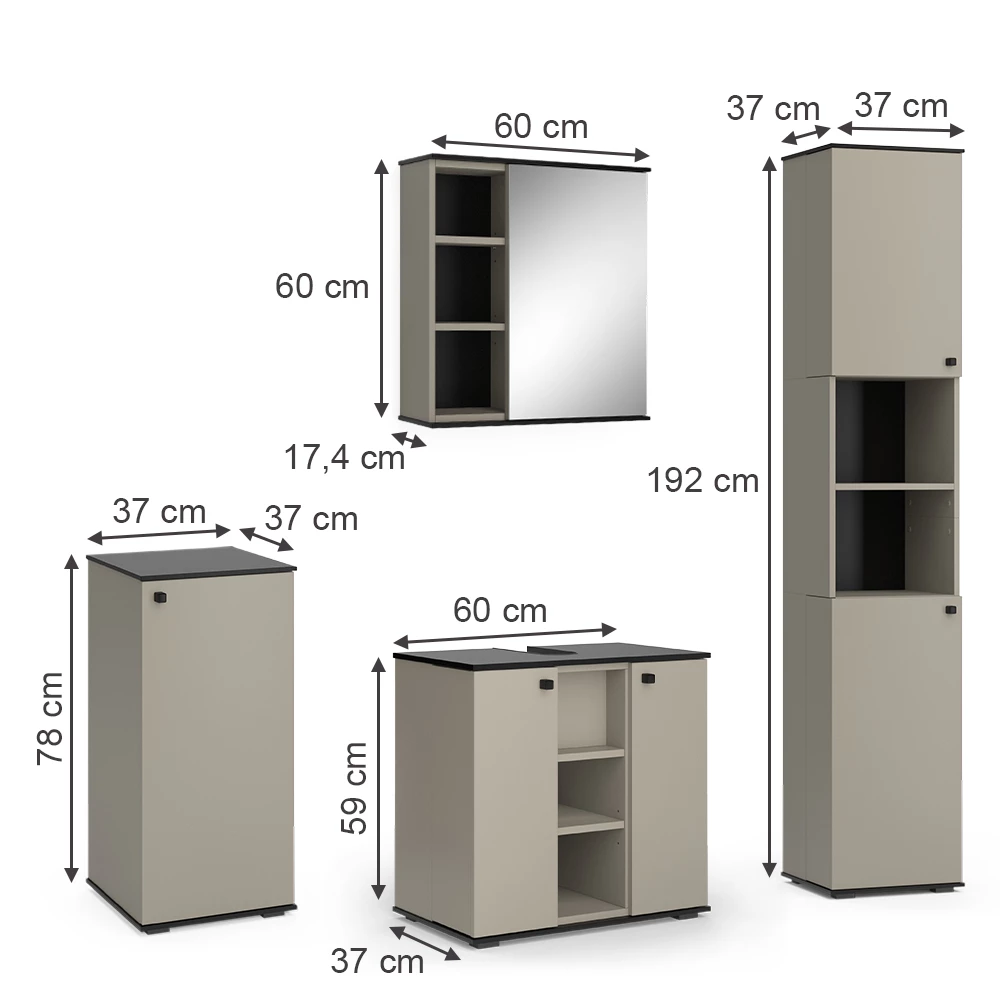 Vicco Badmöbel-Set Greige 4 Teile, mit Hochschrank und Midischrank, Joli