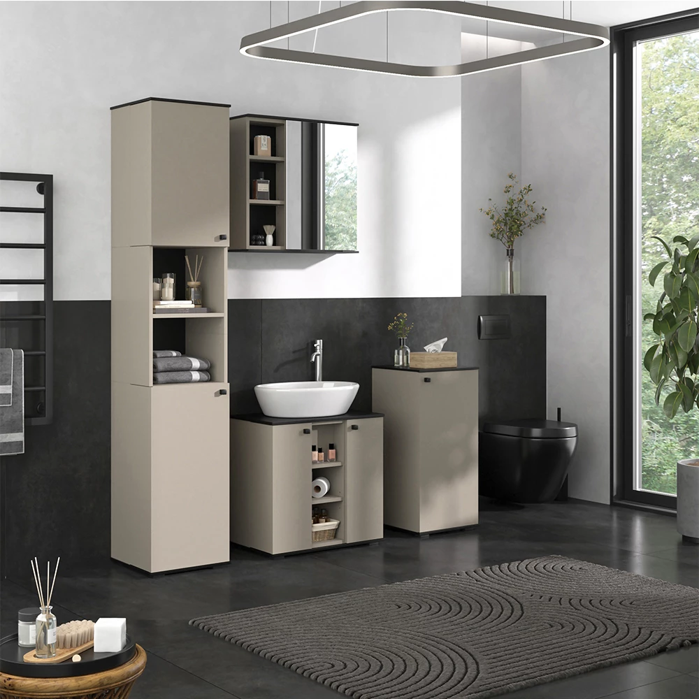Vicco Badmöbel-Set Greige 4 Teile, mit Hochschrank und Midischrank, Joli