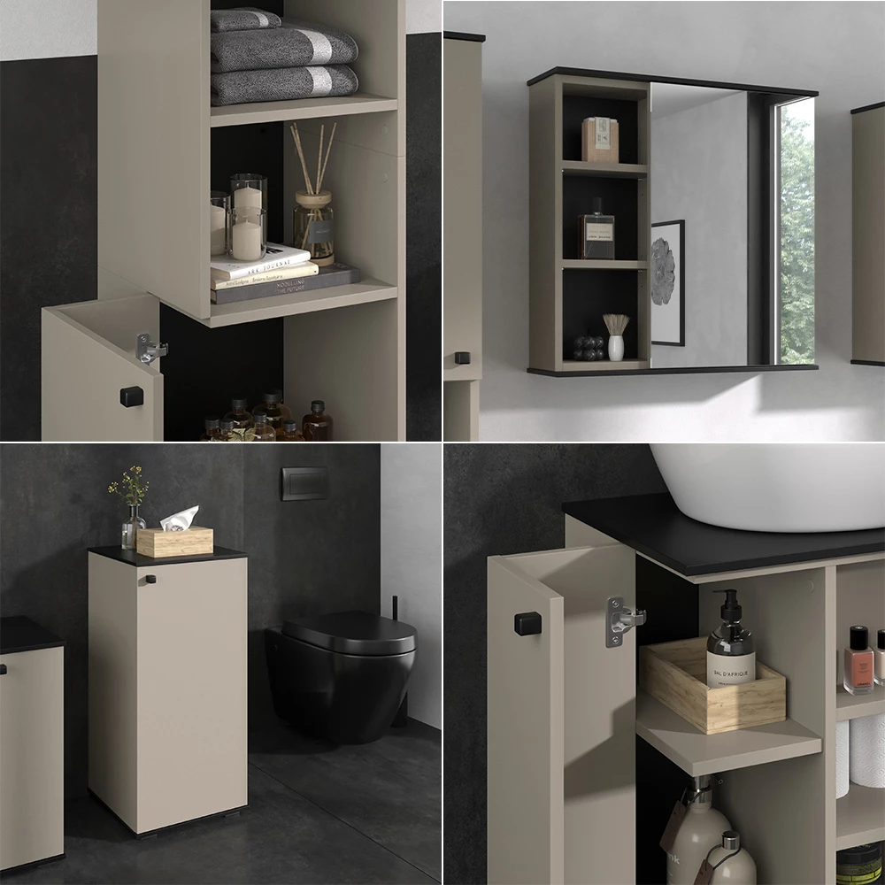 Vicco Badmöbel-Set Greige 4 Teile, mit Hochschrank und Midischrank, Joli