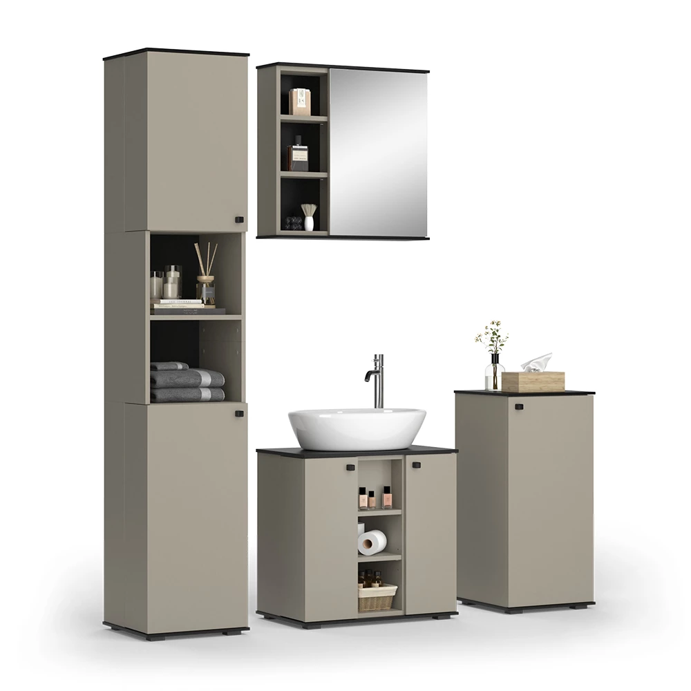 Vicco Badmöbel-Set Greige 4 Teile, mit Hochschrank und Midischrank, Joli