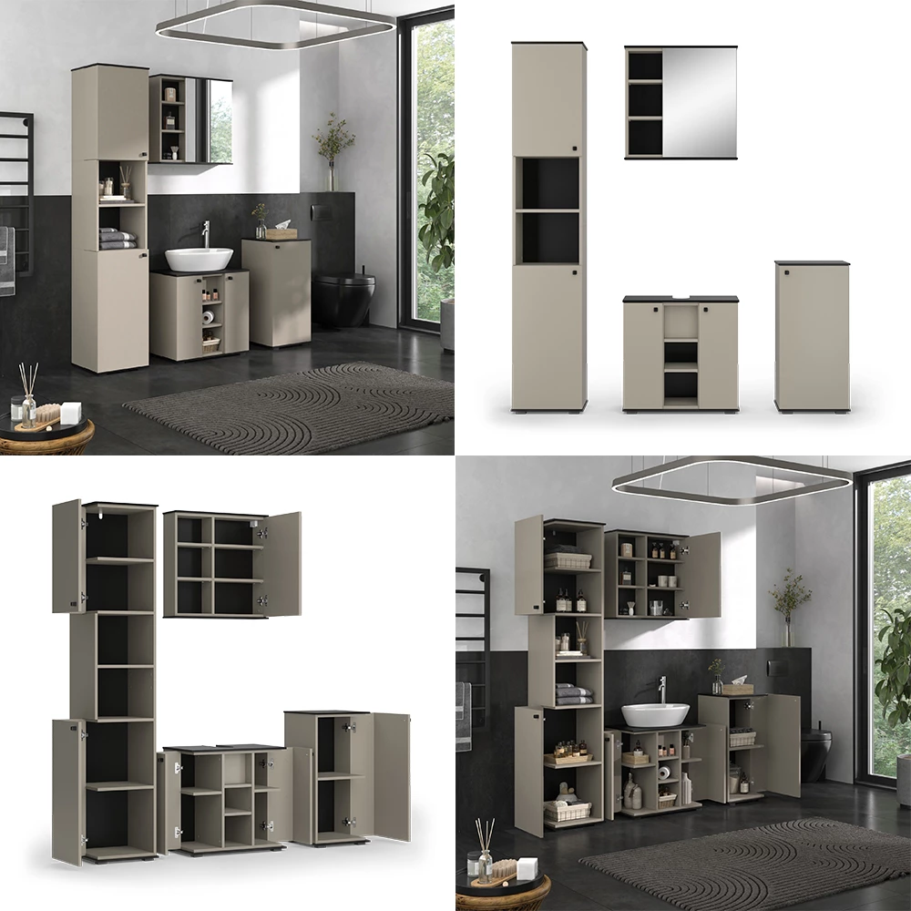 Vicco Badmöbel-Set Greige 4 Teile, mit Hochschrank und Midischrank, Joli
