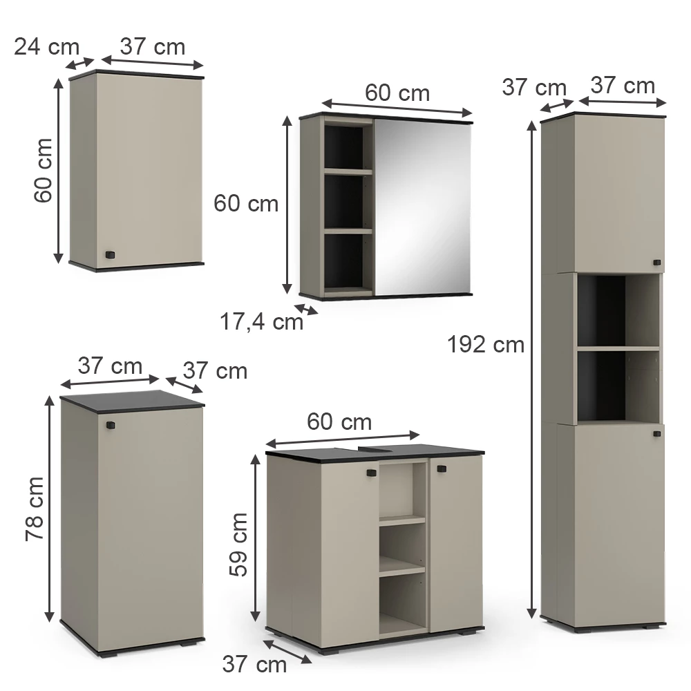 Vicco Badmöbel-Set Greige 5 Teile, Joli