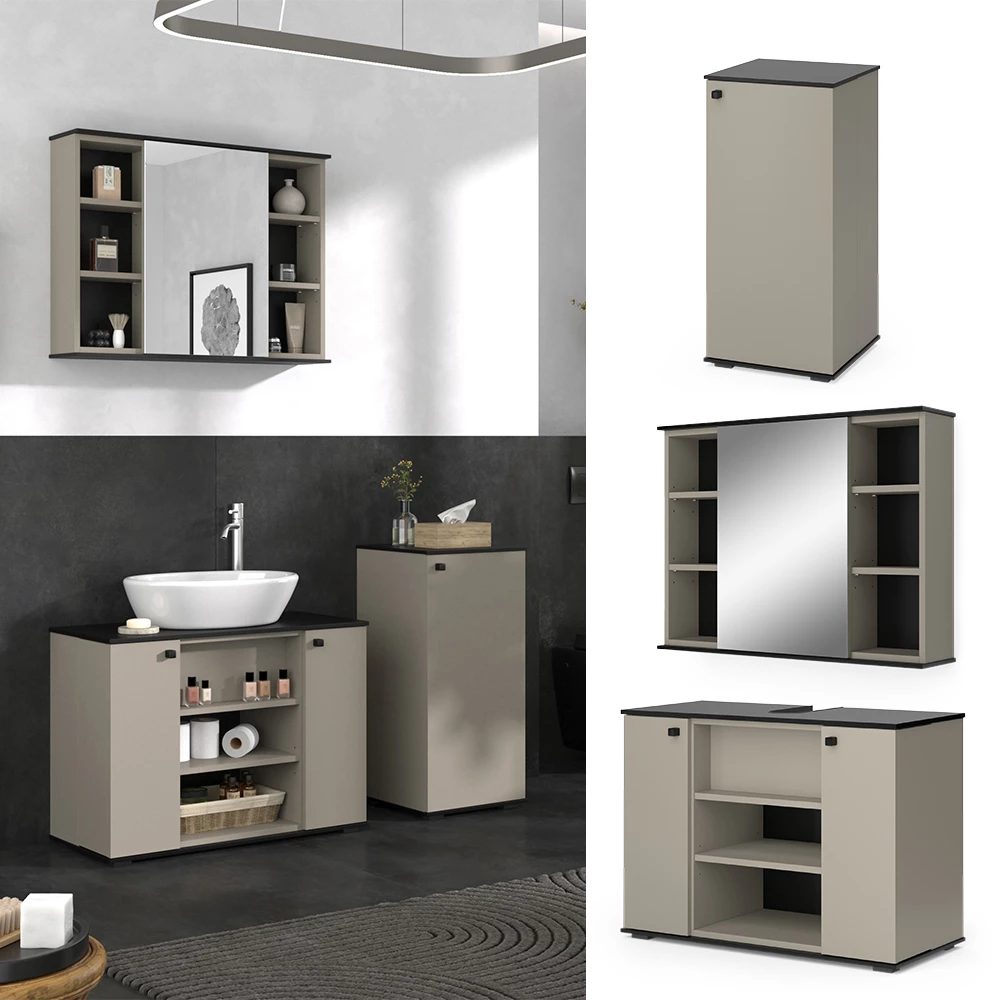Vicco Badmöbel-Set Greige 3 Teile, mit Midischrank, Joli