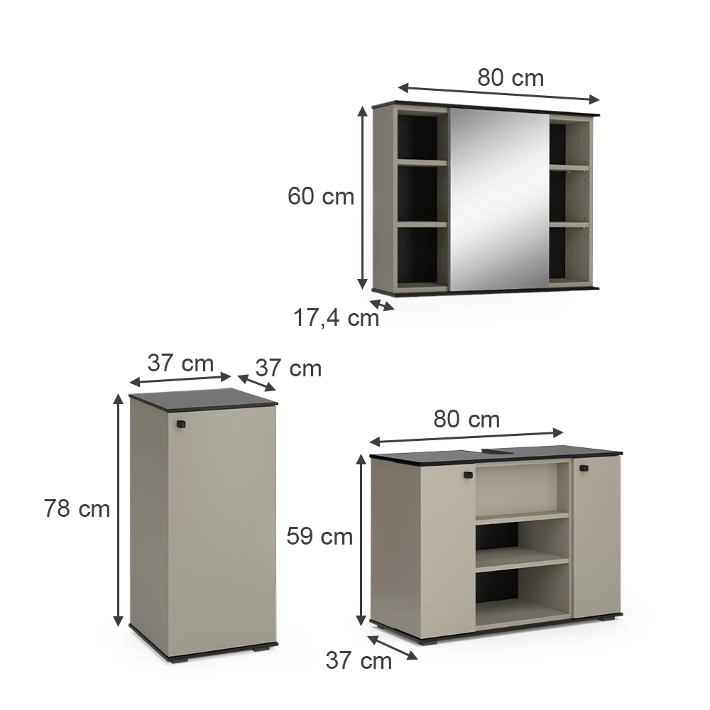 Vicco Badmöbel-Set Greige 3 Teile, mit Midischrank, Joli