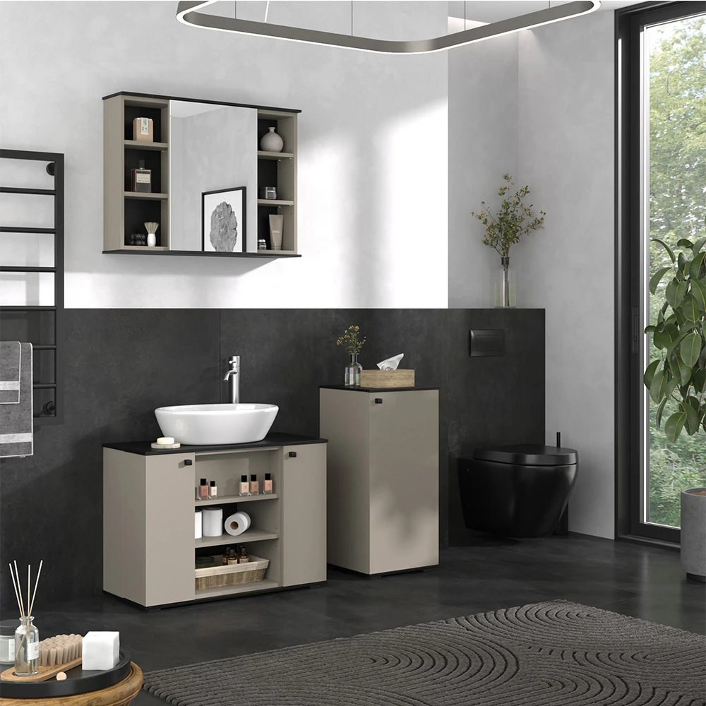 Vicco Badmöbel-Set Greige 3 Teile, mit Midischrank, Joli