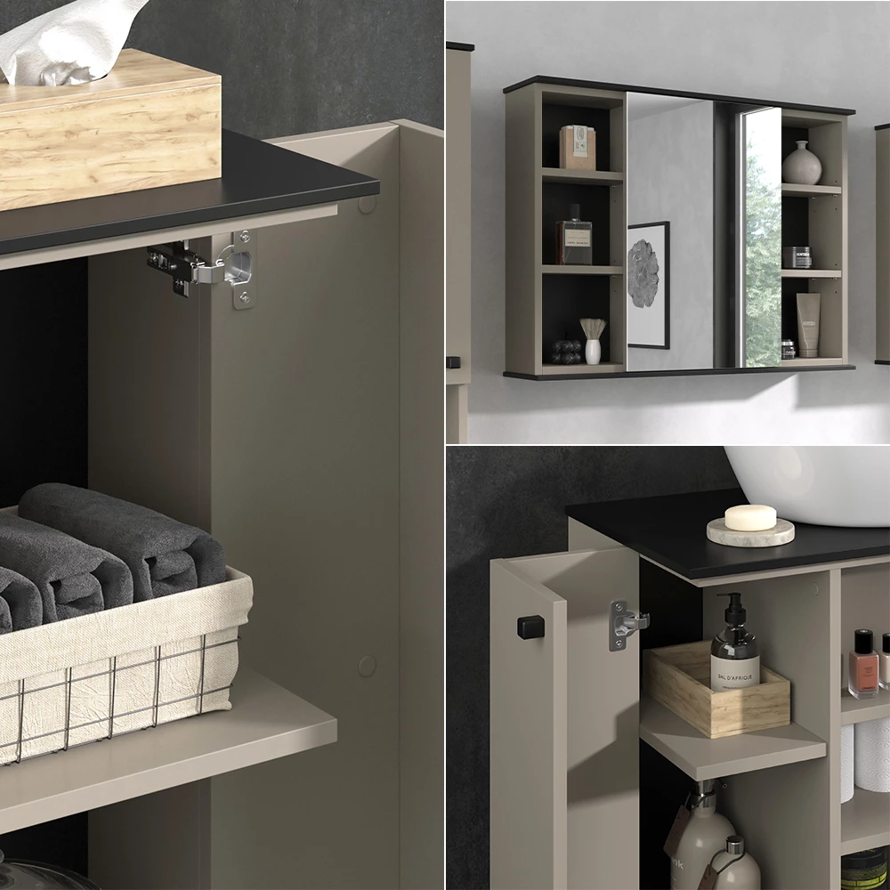 Vicco Badmöbel-Set Greige 3 Teile, mit Midischrank, Joli