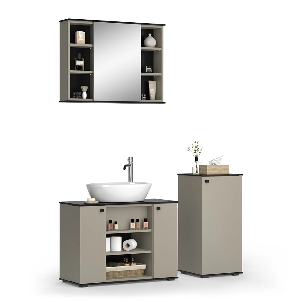 Vicco Badmöbel-Set Greige 3 Teile, mit Midischrank, Joli