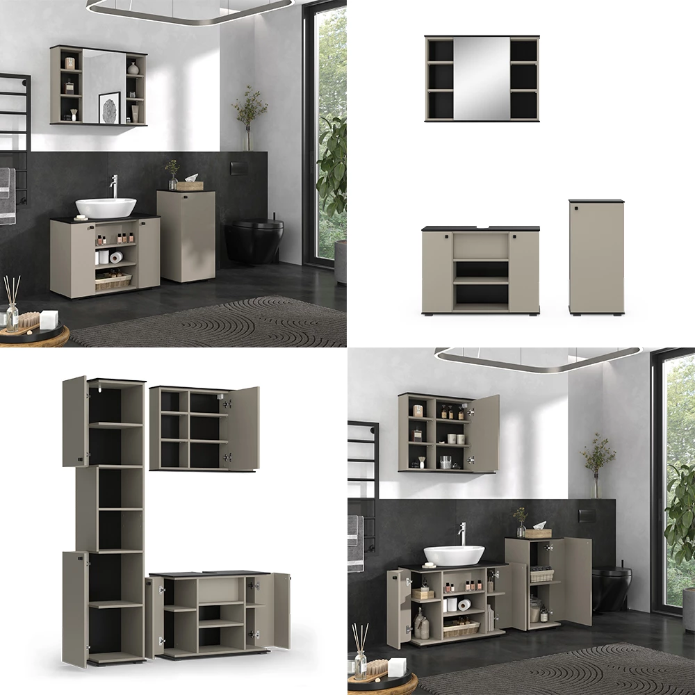 Vicco Badmöbel-Set Greige 3 Teile, mit Midischrank, Joli