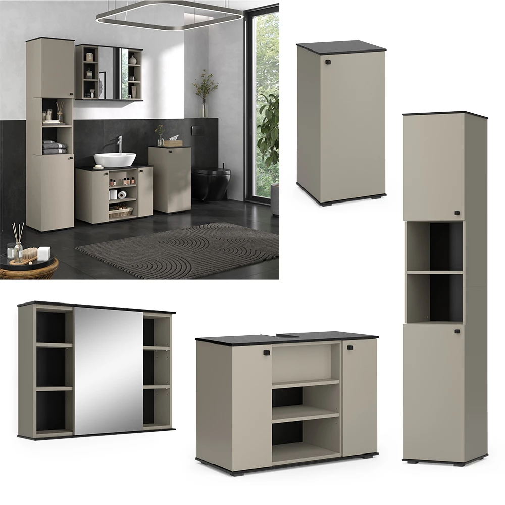 Vicco Set mobilier baie Greige 4 bucăți, cu unitate înaltă și unitate midi, Joli