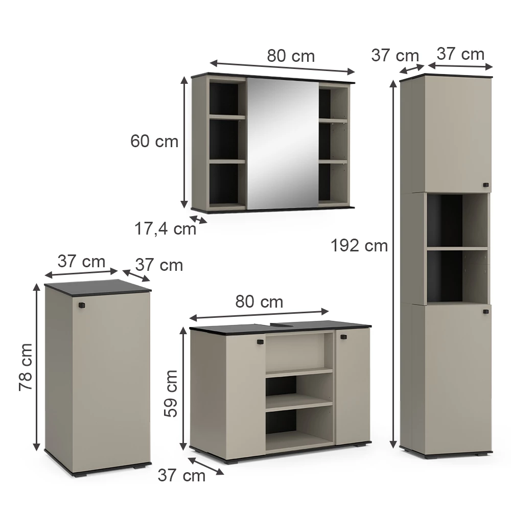 Vicco Set di mobili da bagno Grigio 4 pezzi, con unità alta e unità midi, Joli