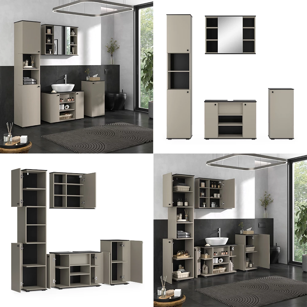 Vicco Set di mobili da bagno Grigio 4 pezzi, con unità alta e unità midi, Joli