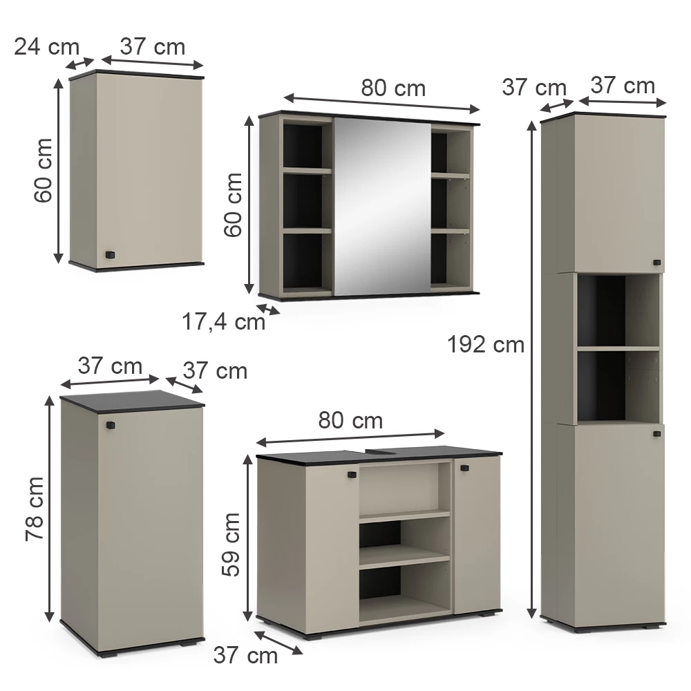 Vicco Set di mobili da bagno Grigio 5 parti, Joli