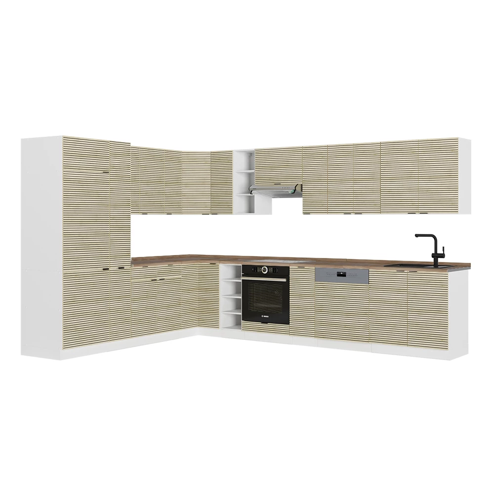 Cocina esquinera en Panel roble/blanco sobre fondo blanco