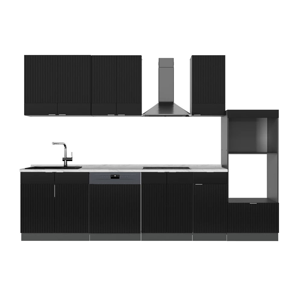 Cuisine Fame-Line Noir rayé/Anthracite 300cm plan de travail Marbre Vicco