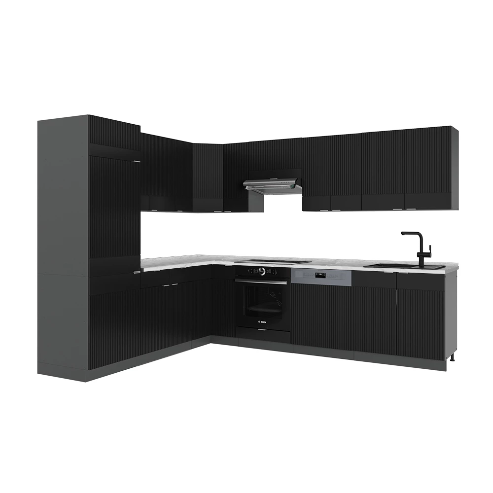 Cuisine en angle Fame-Line Noir rayé/Anthracite 287 x 227 cm plan de travail Marbre Vicco