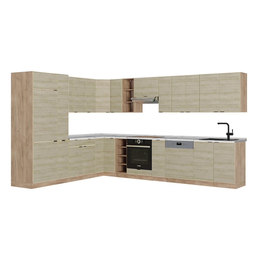 Sarokkonyha Tölgy panel/Goldkraft tölgy színben fehér háttéren