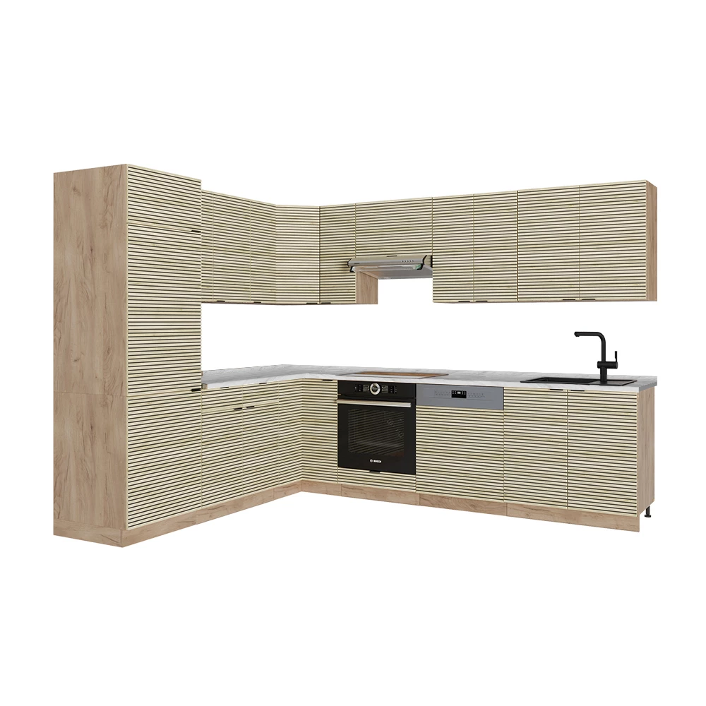 Cocina esquinera en Panel de roble/Roble Goldkraft sobre fondo blanco