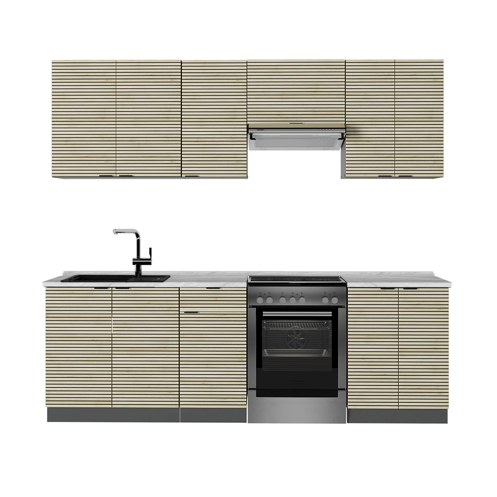 Mueble de cocina en Panel de roble/antracita sobre fondo blanco