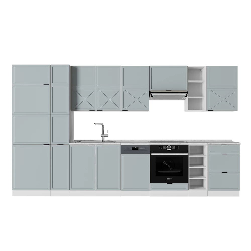 Konyhabútor Világoskék-szürke/fehér színben fehér háttéren