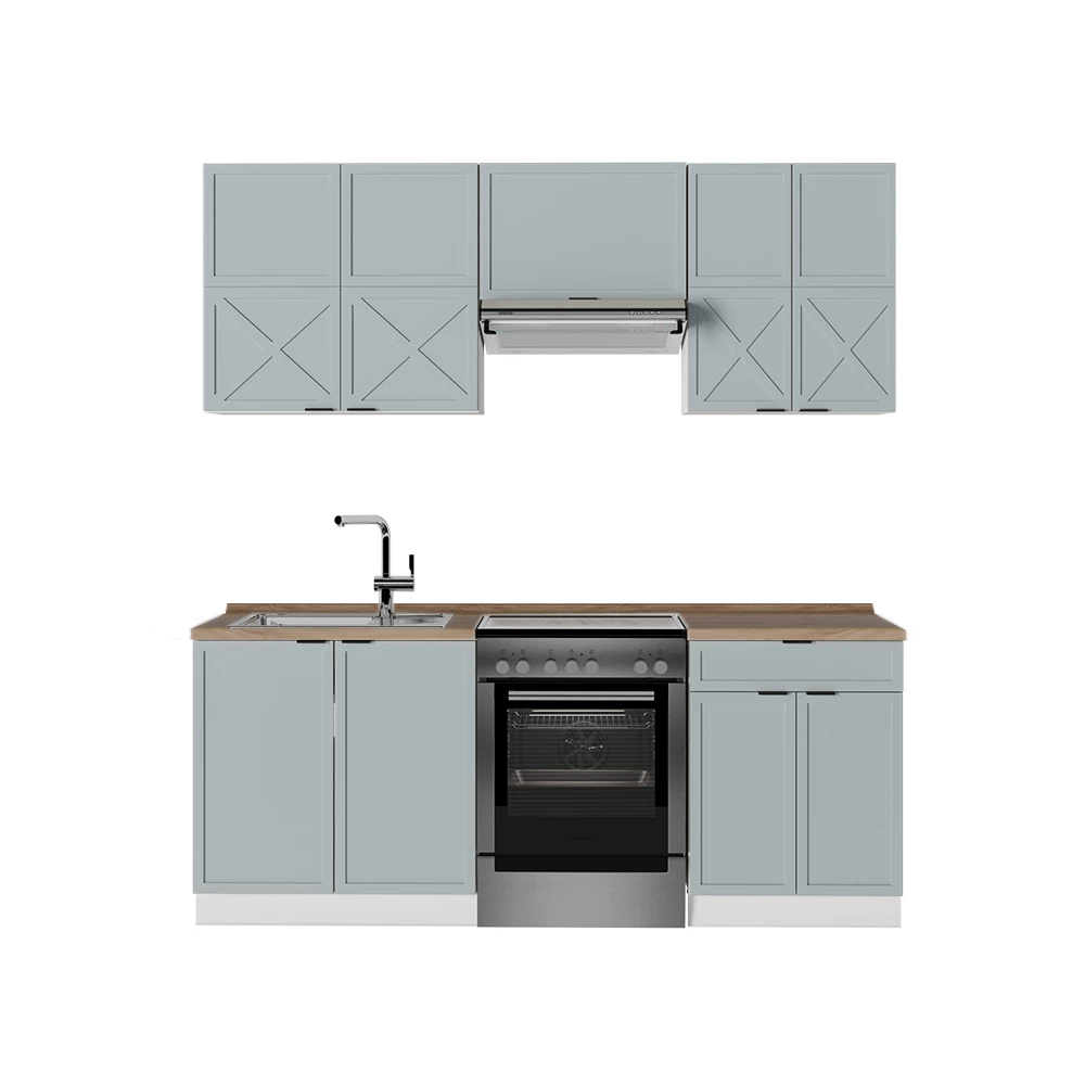 Cuisine en Bleu clair-gris/blanc sur fond blanc