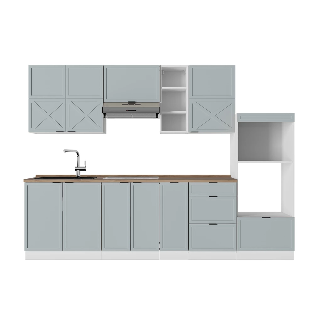 Cuisine en Bleu clair-gris/blanc sur fond blanc
