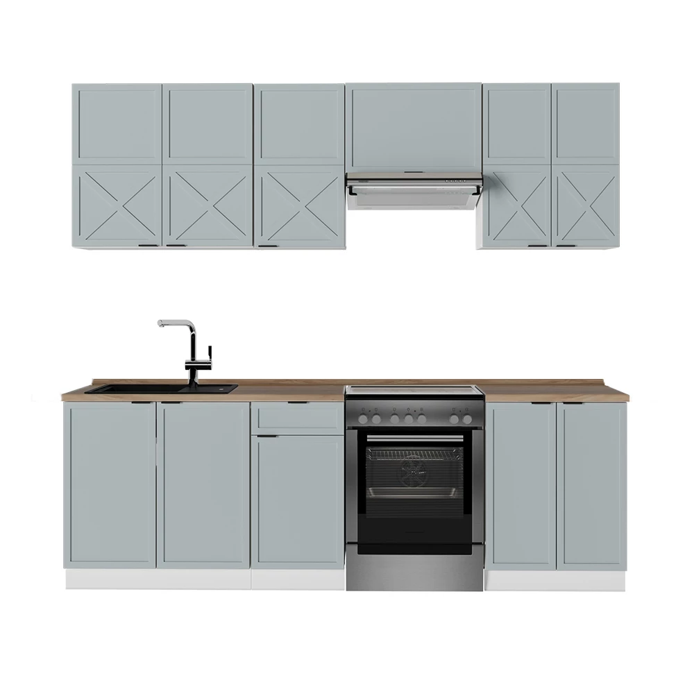 Cuisine en Bleu clair-gris/blanc sur fond blanc