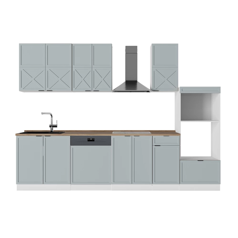 Cuisine en Bleu clair-gris/blanc sur fond blanc