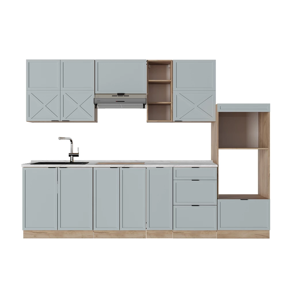 Cucina componibile in Rovere blu-grigio chiaro/oro su sfondo bianco