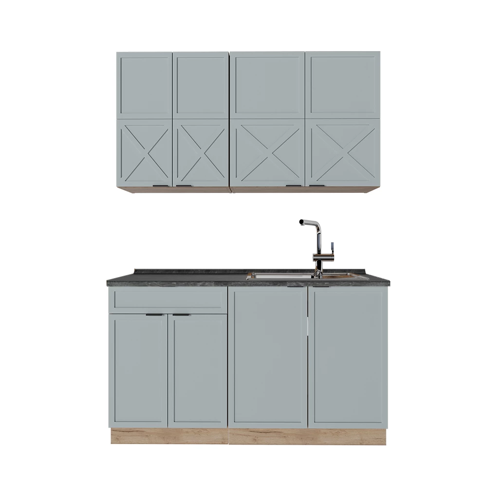 Cucina completa in Rovere blu-grigio chiaro/oro su sfondo bianco